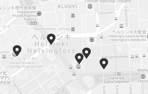 ヘルシンキ中心街にあるマリメッコ店舗の場所を示した地図